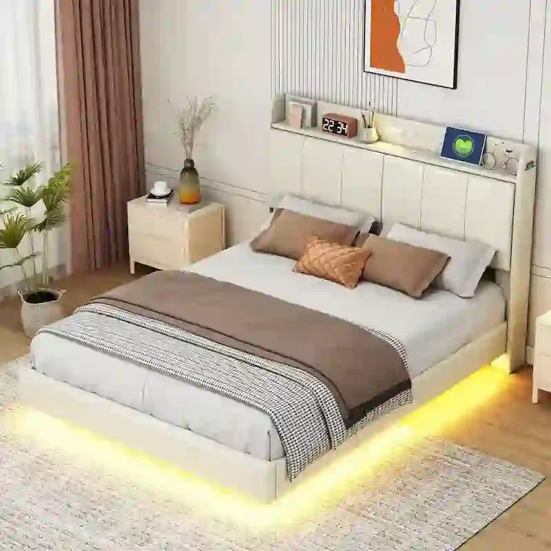 Letto a piattaforma Queen Size con testiera contenitore e porte USB