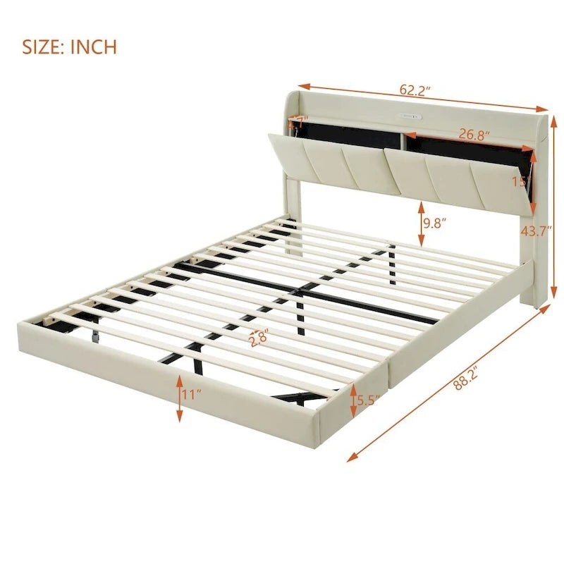 Letto a piattaforma Queen Size con testiera contenitore e porte USB