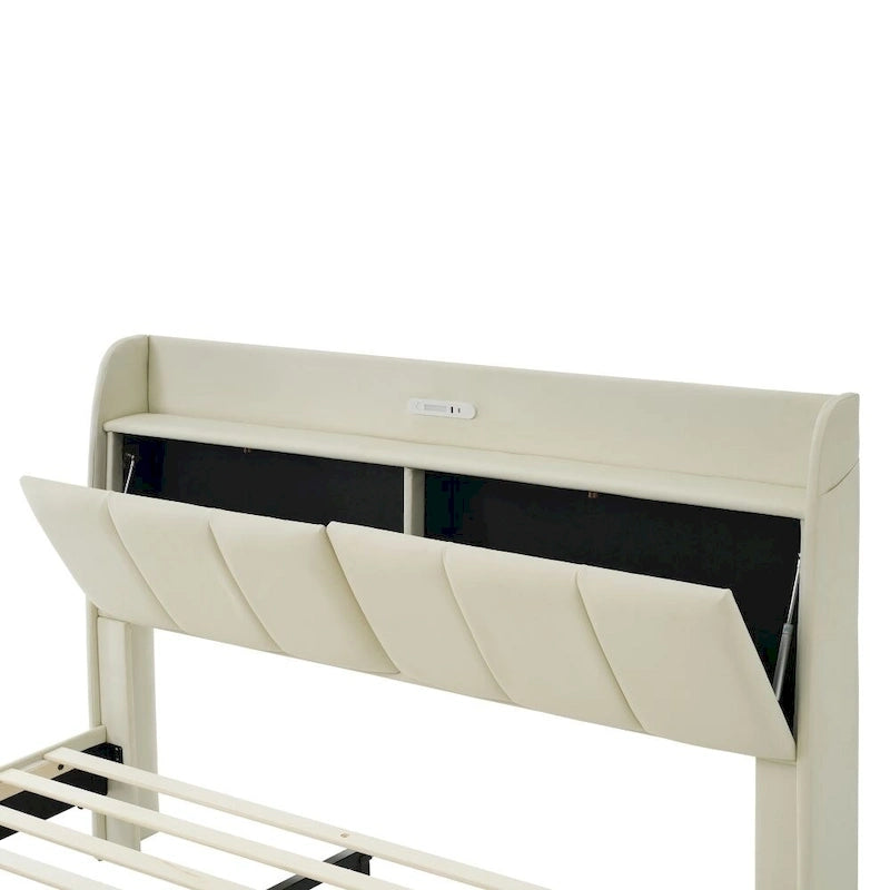 Letto a piattaforma Queen Size con testiera contenitore e porte USB