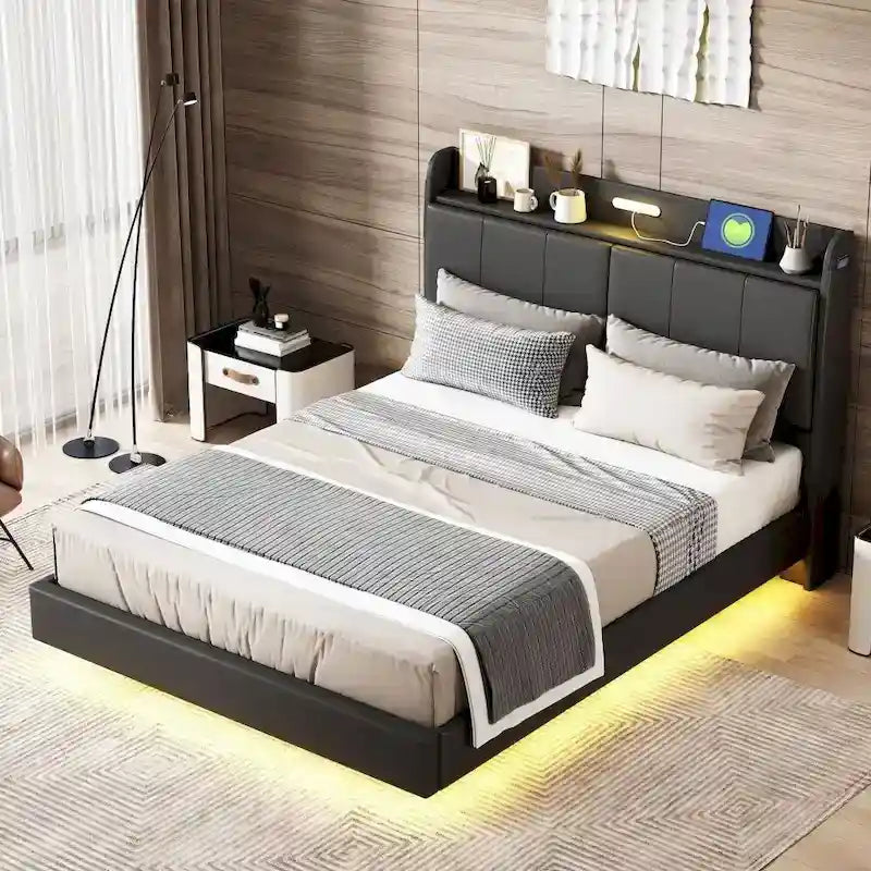 Letto a piattaforma Queen Size con testiera contenitore e porte USB