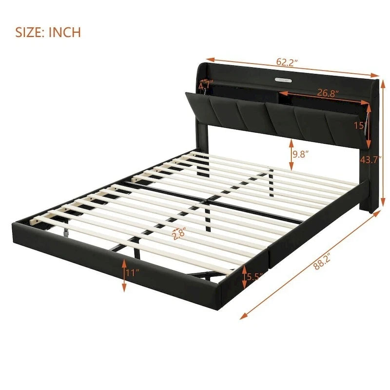 Letto a piattaforma Queen Size con testiera contenitore e porte USB