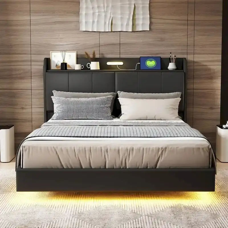 Letto a piattaforma Queen Size con testiera contenitore e porte USB