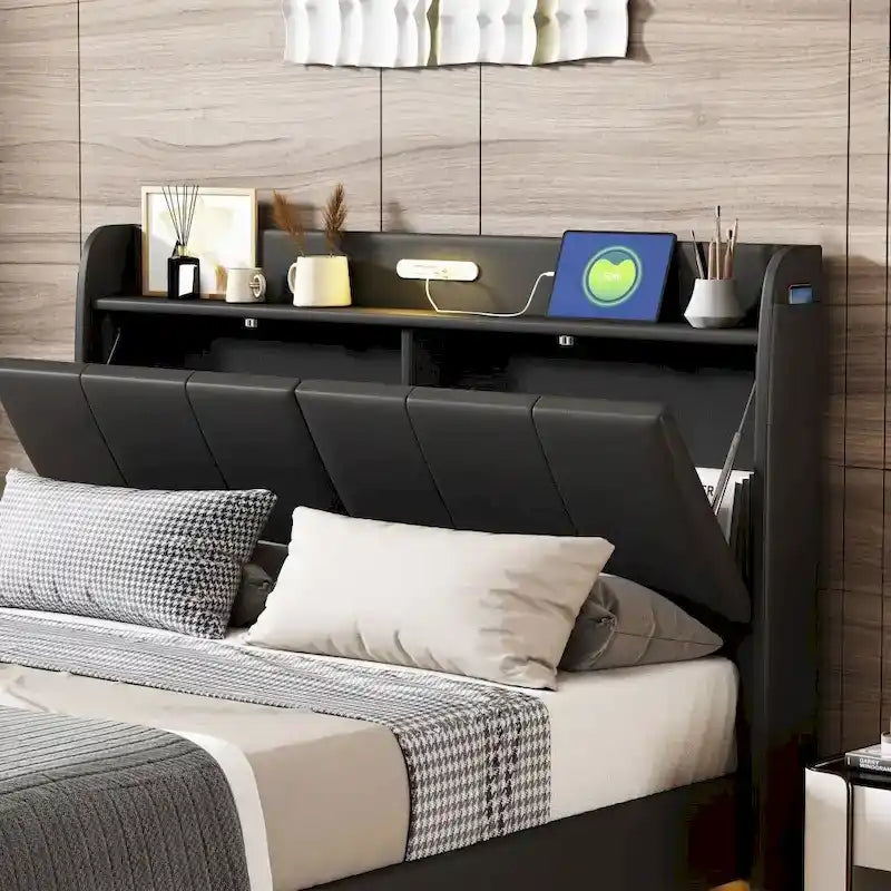 Letto a piattaforma Queen Size con testiera contenitore e porte USB