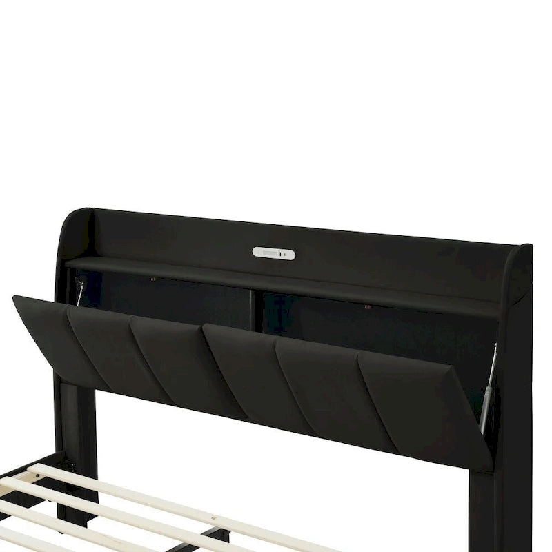 Letto a piattaforma Queen Size con testiera contenitore e porte USB