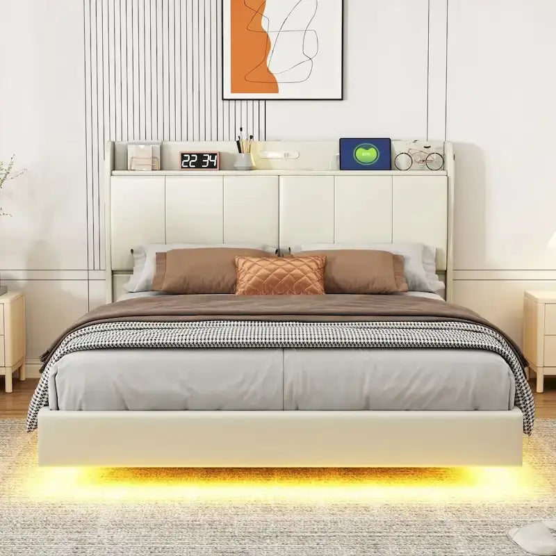 Letto a piattaforma Queen Size con testiera contenitore e porte USB