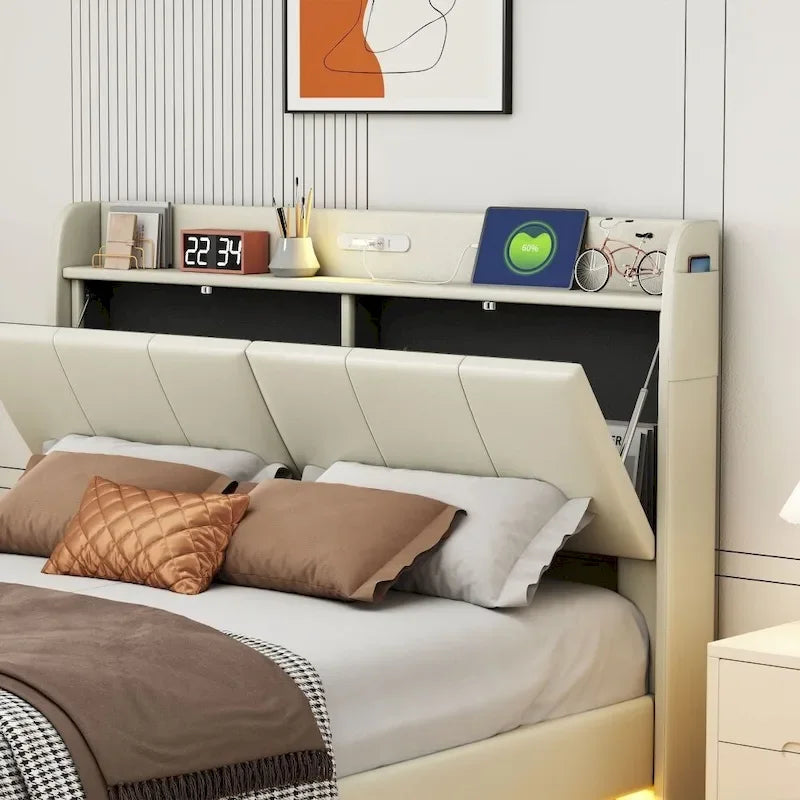 Letto a piattaforma Queen Size con testiera contenitore e porte USB