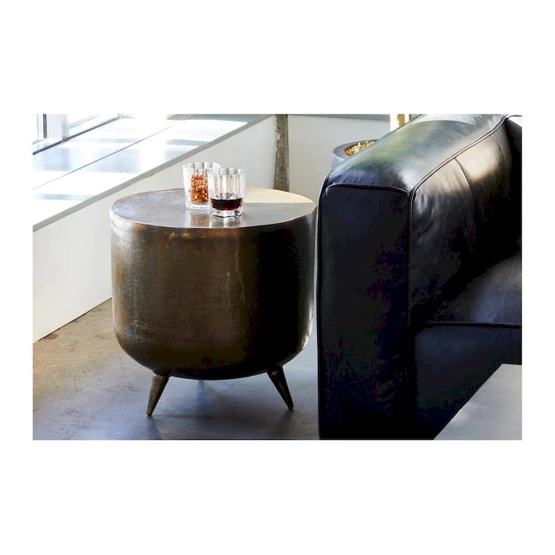 Tavolino d'appoggio rustico a tamburo in alluminio - 48 L x 48 P x 46 H cm