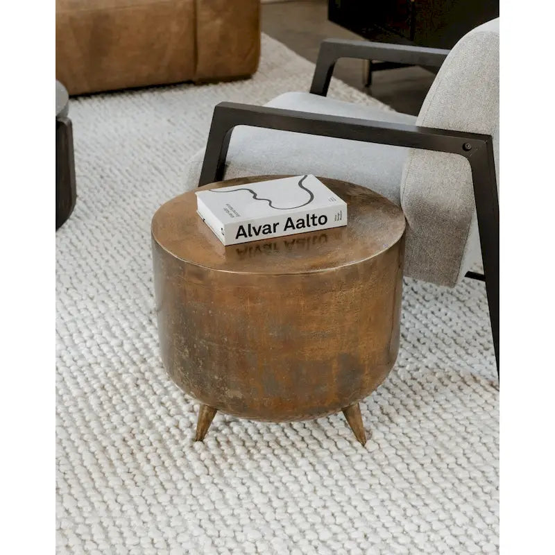Tavolino d'appoggio rustico a tamburo in alluminio - 48 L x 48 P x 46 H cm