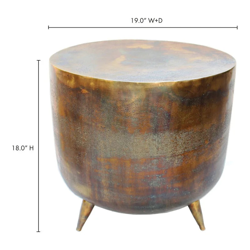 Tavolino d'appoggio rustico a tamburo in alluminio - 48 L x 48 P x 46 H cm